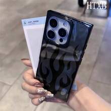Teléfono con diseño de llamas y bloques negros, compatible con los modelos 16 Pro, 16, 15 Pro, 14, 14 Plus, 13, 13 Pro, 12 Pro y 12 Pro. Ofrece cobertura total a prueba de golpes, un amplio orificio, un elegante marco brillante y una excelente calidad de imagen. - Amarillo - Ver 3