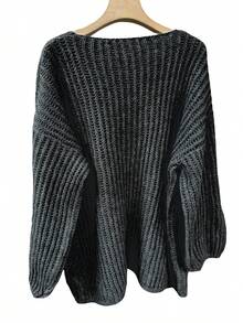 大码女式休闲宽松针织开衫毛衣，优雅纯色大码开襟长袖毛衣外套，适合日常穿着，秋冬黑色 - 黑色 - 查看 5