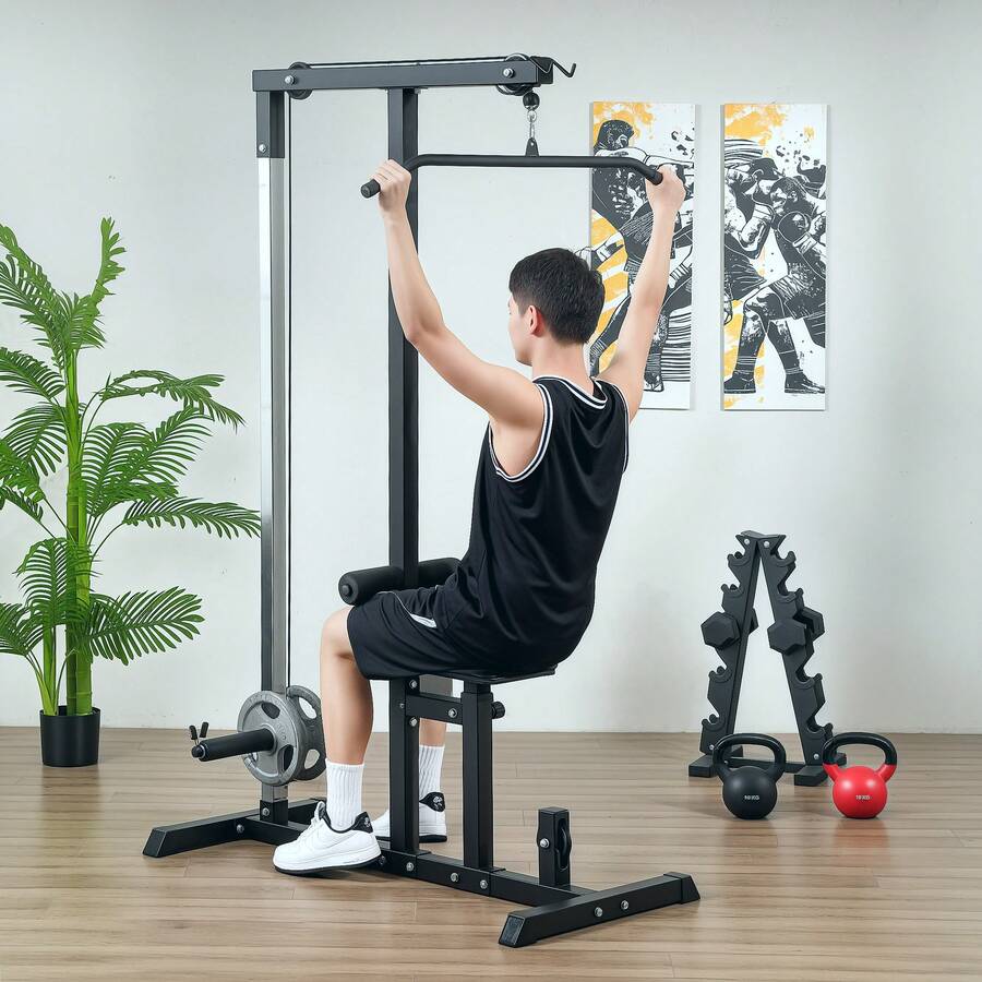 HOMCOM Lat Pull Down Machine With Extra Pulley For Seated Rows, Cable Machine Pulley System With Adjustable Seat For Home Gym - Black - View 1