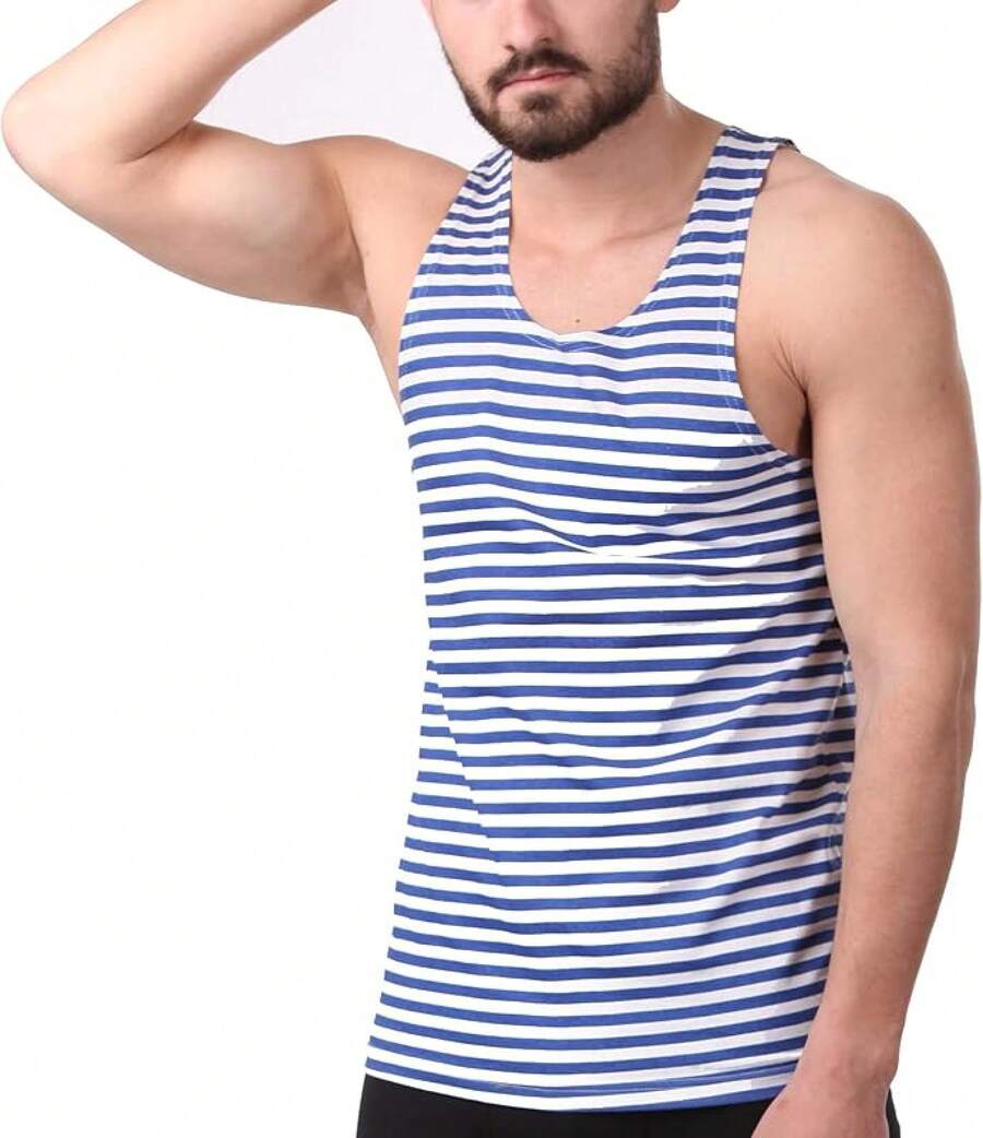 Military  T-Shirt Tank TOP Vest Blue White Sailor's Striped Vesthalloween - 藍色 - 查看 1