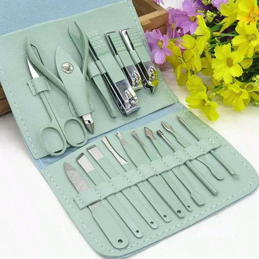 Set Of 16 Premium Stainless Steel Manicure And Pedicure Tools - Modern Style Nail Scissors Set With Straight Edge Nail File, Ear Pick, Scissors - Professional Travel Beauty Care Tools - Pink - View 1