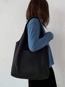 Women Simple Canvas Tote Bag, Open-Top Canvas Shoulder Bag, Handbag, Simple Briefcase Bag For Elementary/High School/College Students, Document Holder, Travel Bag - Black - View 2