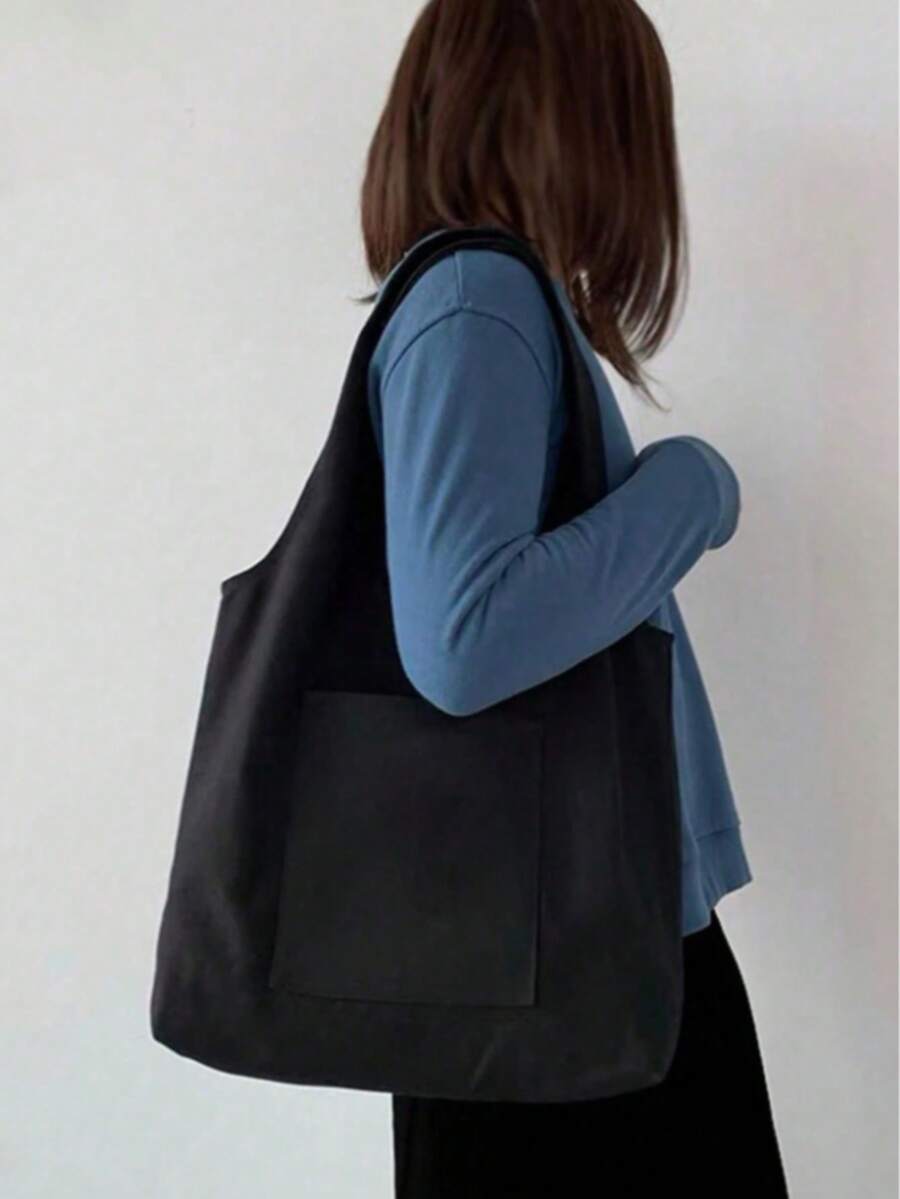 Women Simple Canvas Tote Bag, Open-Top Canvas Shoulder Bag, Handbag, Simple Briefcase Bag For Elementary/High School/College Students, Document Holder, Travel Bag - Black - View 1