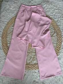 Formal Set Pantaloons Pants High Waist Pockets Tailoring Vest Buttons Simple Elegant Casual Pocket Zipper - Màu Hồng baby - Xem 2