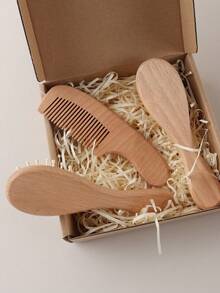 Customized Baby Shower Gift Set Natural Beechwood Flat Comb Set With Wool Brush & Massage Cushion - Personalized Name & Animal Designs For Hair Care & Scalp Health,Christmas Gift Supplies