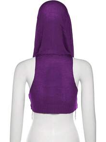 Women Knitted Hoodie Sweater Vest Sleeveless Hollow Out Hooded Crop Top Streetwear Rave Oufit - 紫色 - 查看 5