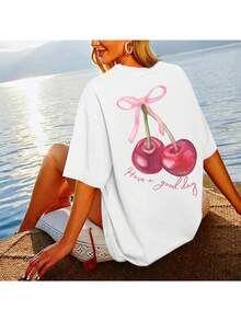 Oversized Graphic Tees For Women Fashion Cherry Printed Shirt Cute Summer Aesthetic Cotton Tshirts Tops For Teens - White - View 1