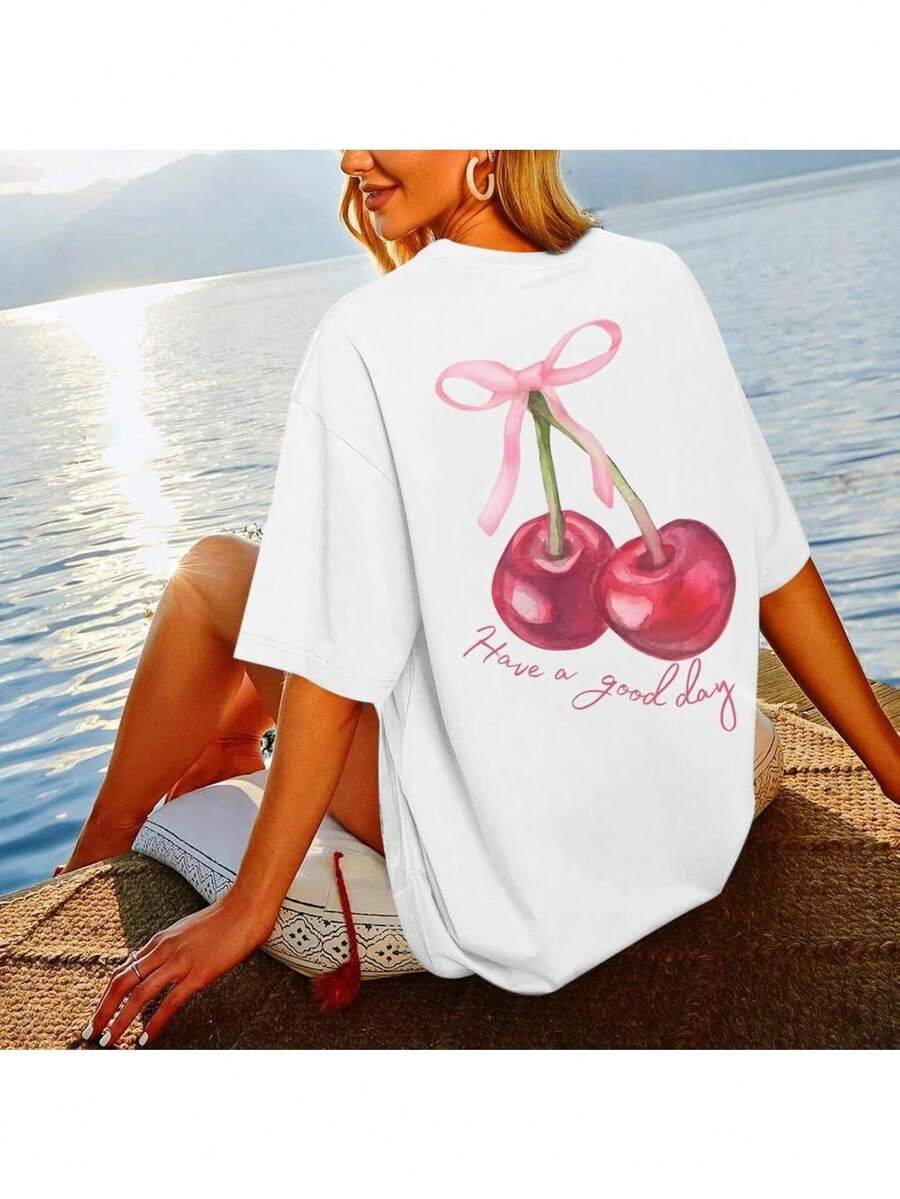 Oversized Graphic Tees For Women Fashion Cherry Printed Shirt Cute Summer Aesthetic Cotton Tshirts Tops For Teens - White - View 1