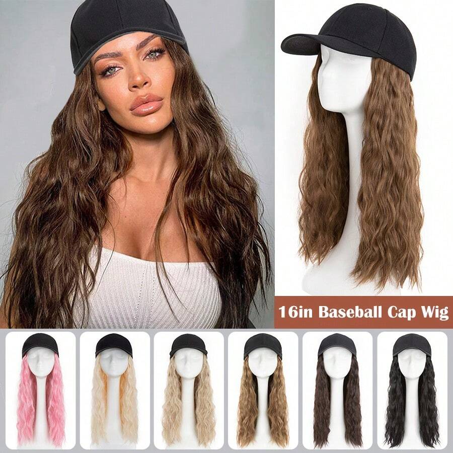 16inch/40cm Adjustable Baseball Cap Hat With Long Wavy Curly Hair Wig Synthetic Hairpiece Corn Wave Curly Hair Extensions For Women Daily Wear, Easy To Put On And Take Off, Natural Looking, Soft And Breathable, Perfect For Casual Outings And Sports Events Halloween Xmas Party - 彩色 - 查看 1