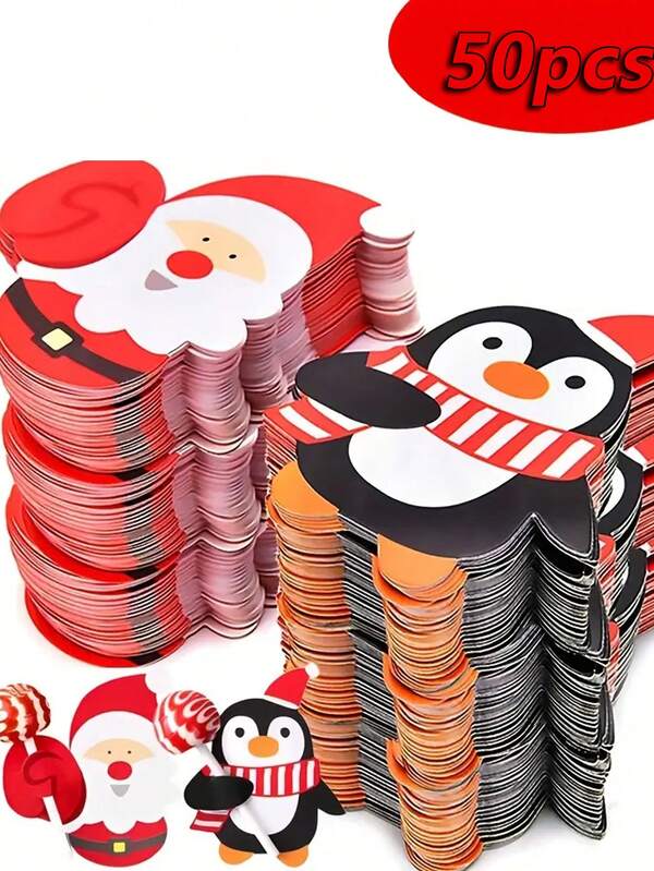 50pcs Christmas Lollipop Decorative Paper Cards - Featuring Santa Claus & Penguin Shapes, Paper-Made For DIY Christmas Candy Decorations, Suitable As Party Lollipop Insert Cards, Holiday Party Supplies, Party Giveaways, Gift Decorations & Christmas Decoration Supplies