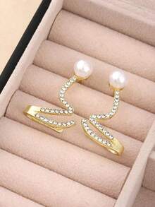 1pair Elegant And Simple Wave-Shaped Faux Pearl And Rhinestone Ear Studs Suitable For Women's Daily, Festivals Or Parties - 金黃色 - 查看 3