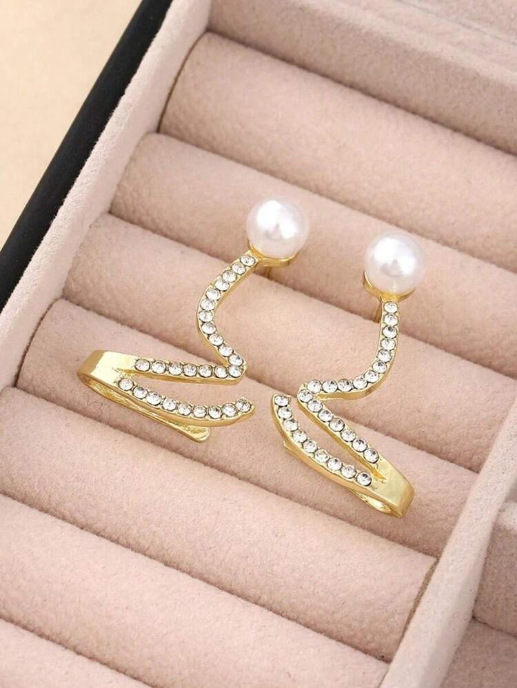 1pair Elegant And Simple Wave-Shaped Faux Pearl And Rhinestone Ear Studs Suitable For Women's Daily, Festivals Or Parties - 金黃色 - 查看 3