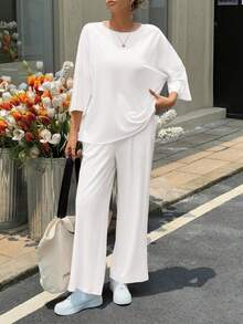 Fisoew Women Two Piece Lounge Set Casual 34 Sleeve Tunic Top And Wide Leg Pants Cozy Fall Outfits Y2K Matching Sets Soft Travel Loungewear Breathable Jogger Suit - 白色 - 查看 6