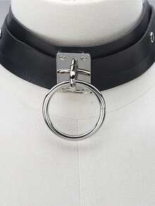 1件装女士金属圆盘颈链，PU皮革朋克夸张个性项链，街头风牵引链项圈