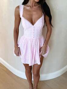 Women's Summer Mini Dress Stylish Solid Lace Trim Flower Embroidered Hollow Details Sleeveless V Neck A Line Dress - Hồng - Xem 5