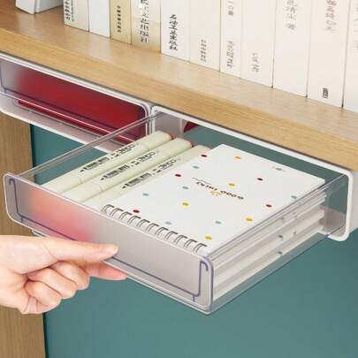 Mini Gaveta Oculta Deslizante Transparente Caixa de Armazenamento de Gaveta para Mesa, Adequada para Armazenar Acessórios Sob a Mesa do Escritório Doméstico, Papelaria de Armazenamento de Mesa, Canetas, Clipes de Papel, Anéis, Notas Adesivas, Tesouras Porta Treco