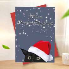 Christmas Greeting Card With Envelope - 1pc - "Have A Purrfect Christmas" Black Cat With Santa Hat Holiday Card For Anyone