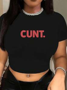 1pc Word Bold Pinkish Red  Typography Women's Fashion Short Sleeve T-Shirt, Y2K Clothes, Back To School Clothes, Vintage Clothes, Street Wear, Rock, Holiday, Vacation, Festival, Summer Tops - 黑色 - 查看 2