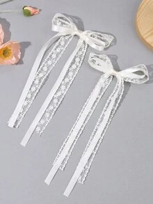 2pcs Ivory Lace Bow Hair Clips, Solid Color Bow Hair Clips With Tails, Elegant White Embroidered Mesh Hair Clips, Butterfly Hair Clips For Holiday, Wedding, Party, Suitable For Teenagers - White - View 3