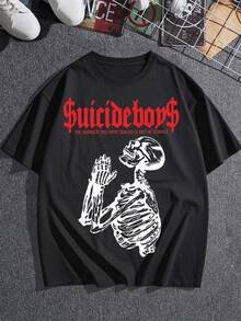 Elegante camiseta gráfica para mujer con estampado de esqueleto, moderna camiseta de manga corta con cuello redondo, tela suave y cómoda, diseño de patrón único, perfecta para uso diario y salidas informales. - Negro - Ver 3