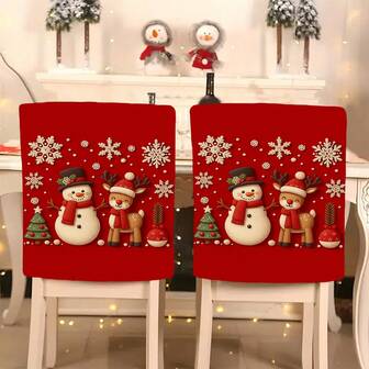 1pc/4pcs/6pcs/10pcs Christmas Snowman Wearing Black Hat & Red Scarf, Deer Wearing Red Hat & Scarf, Decorated With Snowflakes & Christmas Tree Pattern Plush Chair Cover, Made Of Removable Short Plush Fabric, Suitable For All Seasons, Holiday Decor Chair Slipcover For Dining Room, Living Room, Home Use, With Back Protection, Fit For Restaurant, Office, Living Room, Hotel And Home Decoration