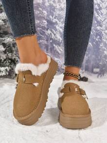 1 Đôi giày lười đế xuồng quai vải trơn màu thông thường, thích hợp để mặc ở nhà vào mùa thu/đông, giày lông, giày mule - màu nâu - Xem 5