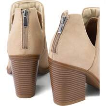 Women's Slip-On Ankle Boots – Cutout Pointed Toe Chunky Mid Heel Booties For Casual, Work & Daily Wear - khỏa thân - Xem 4