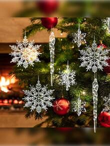 12pcs Acrylic Simulated Faceted Ice Bar Pendants With Icicles And Cone Decorations, Clear Acrylic Icicle Christmas Tree Ornaments - Artificial Icicle Decorations For Holiday Parties, Winter Home Decor, And Holiday Celebrations, Christmas Tree Decorations | Sparkling Christmas Decorations | Clear Acrylic Ornaments - Multicolor - View 5