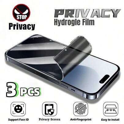 3pcs Privacy Anti-Peeping Hydrogel Screen Protector [Non-Tempered Glass] Compatible With IPhone 17/16/16 Plus/16 Pro/16 Pro Max/15/15 Pro/15 Plus/15 Pro Max/14/13/12/11, Essential Screen Protection For Daily, Office And Home Privacy, Waterproof, Shockproof, Anti-Scratch