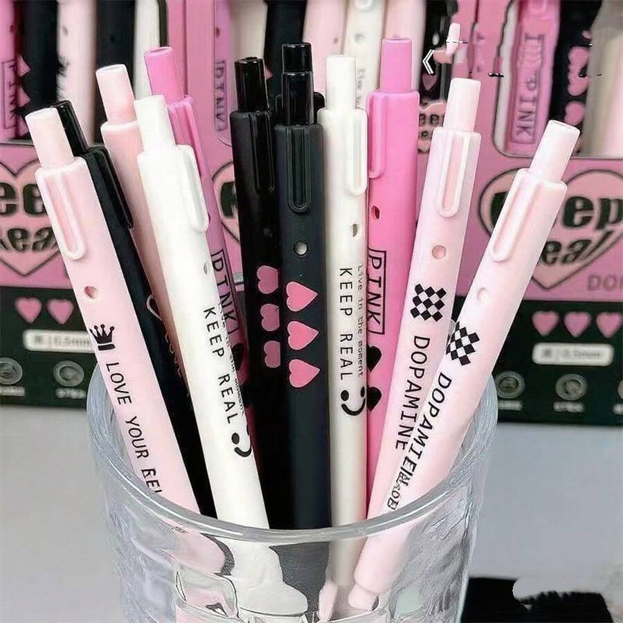 10pcs (Assorted Styles) Cute Black & Pink Heart Shaped Retractable Ballpoint Pens, High-Quality For Students, Good For Writing & Studying