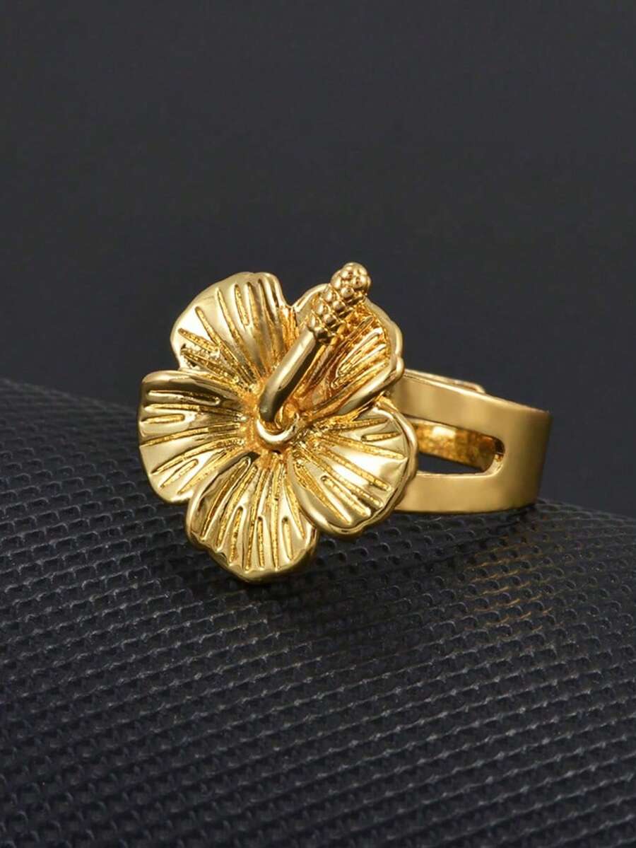 1pc Hibiscus Flower Rings For Women Girls Hawaiian Jamaica Madagascar Guam Island Jewelry - Gold - View 1