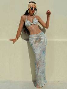 Women's Two Piece Maxi Skirt Sets Summer Beach Sexy Ruched Backless Pearls Chain Decor Crop Top And Cut Out Skirt - Xanh nhạt - Xem 8