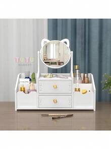 Caja de almacenamiento de cosméticos blanca de 1 pieza, Caja de almacenamiento de cosméticos de dos capas, caja de almacenamiento de joyas, estante para el cuidado de la piel, tocador, caja de exhibición de cosméticos, tocador con espejo y cajón con forma de oreja de gato, espejo de maquillaje, puede almacenar productos para el cuidado de la piel, cosméticos, joyas, cuidado de uñas, lápiz labial, etc., adecuado para tocadores, vestidores y dormitorios - Blanco - Ver 8