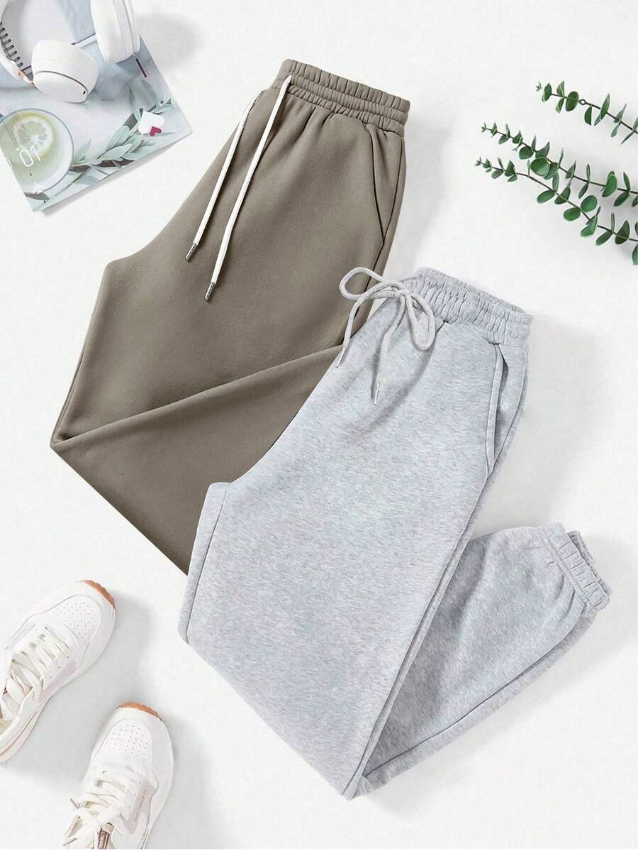 新款女士两件套保暖内衬休闲抽绳运动裤家居服女士运动裤睡衣秋冬休闲保暖内衬运动舒适裤适合居家户外运动聚会，秋季必备 - 彩色 - 查看 1