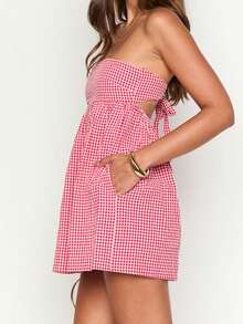 Women Summer Mini Bandeau Dress Off Shoulder Strapless Plaid Tube Top Dress With 2 Pockets - Red - View 6