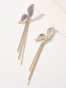 1 Pair Rhinestone Embellished Purple Butterfly Tassel Earrings, Sweet Boho Style, Versatile Design For Women