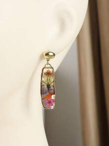 一对时尚多色干花树脂效果矩形吊坠耳环，精致百搭，适合女性佩戴，适合度假、派对和日常佩戴。实物干花与图片略有差异 - 彩色 - 查看 7