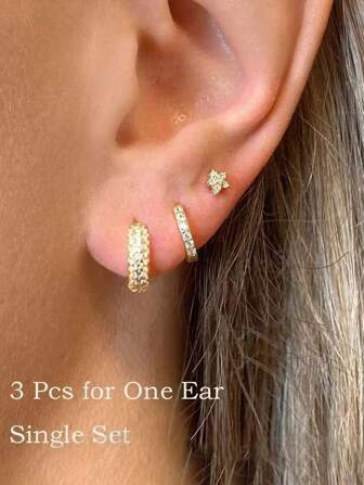 3 件锆石耳钉，女士 18K 镀金花朵耳环套装，耳骨穿孔首饰