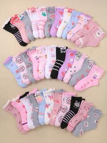 20 Pairs Girls' Cartoon Pattern Comfortable Mid-Calf Socks, Rabbit/Bear Designs, Lace Trim, Assorted Styles, Suitable For Daily Wear - Multicolor - View 3