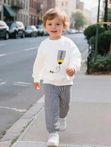 2pcs/Set Boys Casual Round Neck Sweatshirt With Embroidered Design And Elastic Waist Striped Jogger Pants, Suitable For Spring/Autumn Outdoor Wear - White - View 3