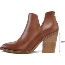 Women's Slip-On Ankle Boots – Cutout Pointed Toe Chunky Mid Heel Booties For Casual, Work & Daily Wear - 棕色 - 查看 6