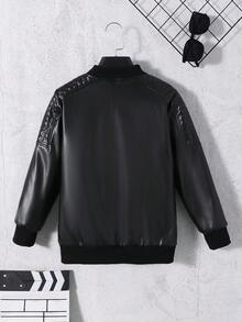 Purechapter 男童超大仿皮夹克，长袖外套，肩部褶皱设计，保暖衬里，立领拉链开合（无白色短袖） - 黑色 - 查看 2