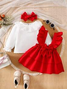 2pcs Baby Girls Cute Floral Ruffle Collar Long Sleeve Top And Pinafore Dress Set, Suitable For Autumn/Winter Holiday Events - Red - View 4
