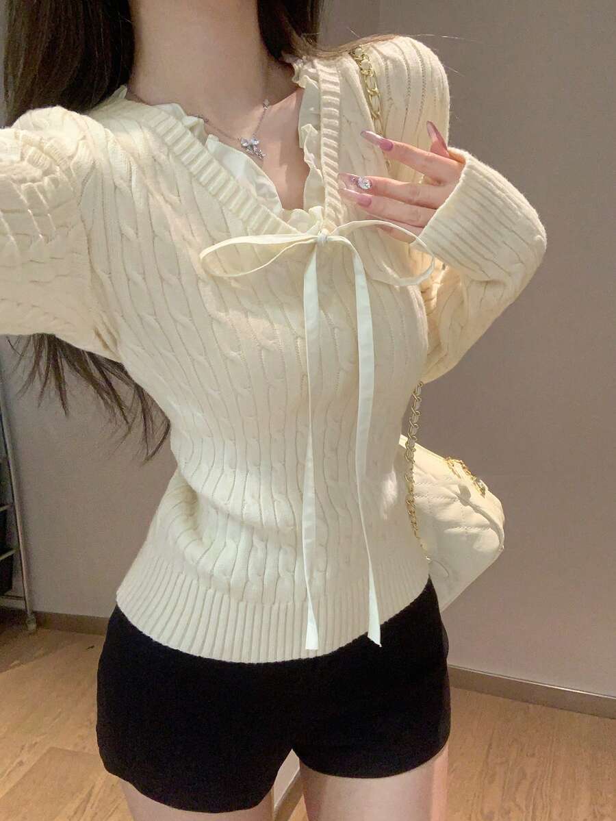 V-Neck Splicing Collegiate Style Cable Knit Sweater Top, Autumn/Winter, Korean Style - Apricot - View 1