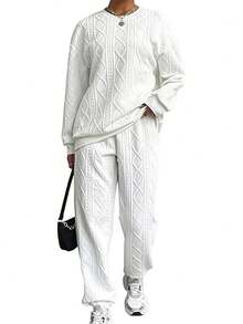 Relaxed Texture Pullover Pants, Long-Sleeved Round-Neck Sportswear And Jogging Pants Combination, Women's Clothing, High-Quality Textured Casual Pullover Set, Releasing A Sense Of Relaxation And Ease - 白色 - 查看 2