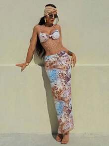 Women's Two Piece Maxi Skirt Sets Summer Beach Sexy Ruched Backless Pearls Chain Decor Crop Top And Cut Out Skirt - màu nâu - Xem 4