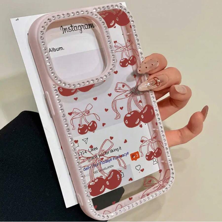 Teléfono Bow Cherry Teléfono 3 en 1 con grabado de doble cara, adecuado para phone16promax, 16 15pro 14 14 Plus/14 Pro 13 13 Pro 12Pro 11pro Promax Series. Suave anticaídas y resistente a las manchas, adecuado tanto para hombres como para mujeres con decoración. - Rosa - Ver 1