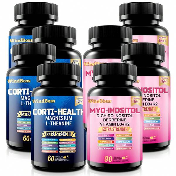  Windboss Super Ahorro 4 Cajas | Cortisol + Inositol | 360+240 Cápsulas en Total | Apoyo Integral para Energía y Bienestar