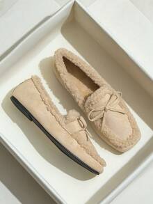 女士时尚复古绒面绒面毛绒保暖一脚蹬乐福鞋，杏仁头，百搭，保暖，蝴蝶结软底，2025秋冬新款 - 杏色 - 查看 4