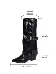 女士高跟靴，尖头粗跟坡跟牛仔风格过膝靴，复古及膝靴，时尚西部靴 - 黑色 - 查看 4